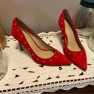 Ann Taylor Red Suede pumps with pearl accents size 8 1/2